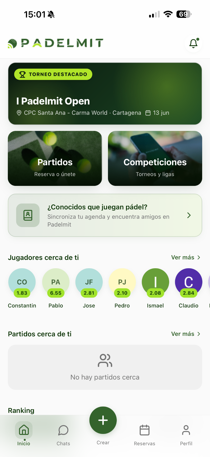 Pantalla principal de la app Padelmit
