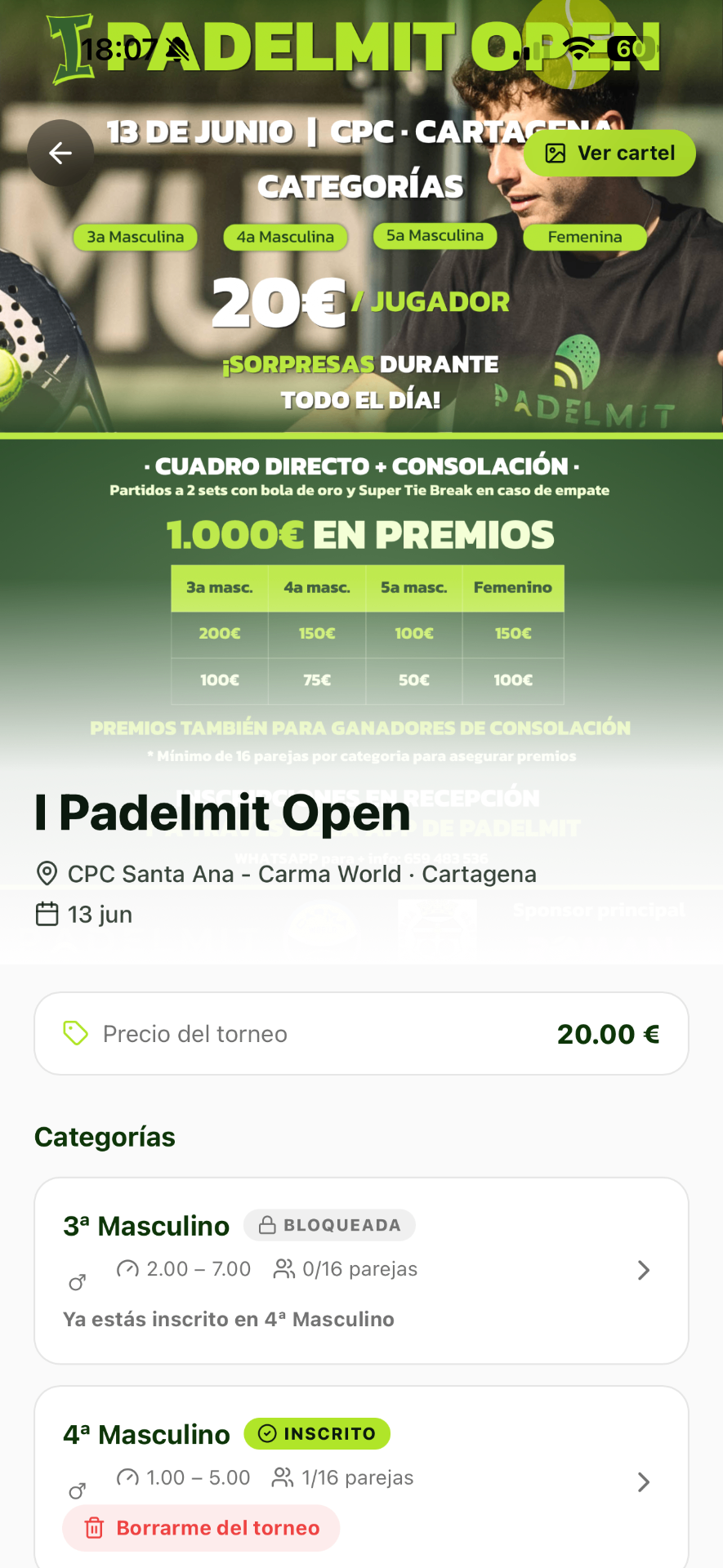 Detalle de torneo en la app Padelmit